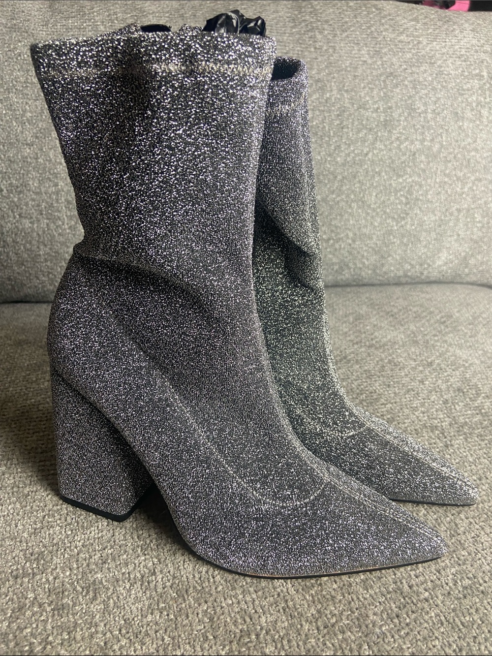 Marc Fisher Silver Glitter Pointed Toe Block Heel Ankle Boots size 6.5 M